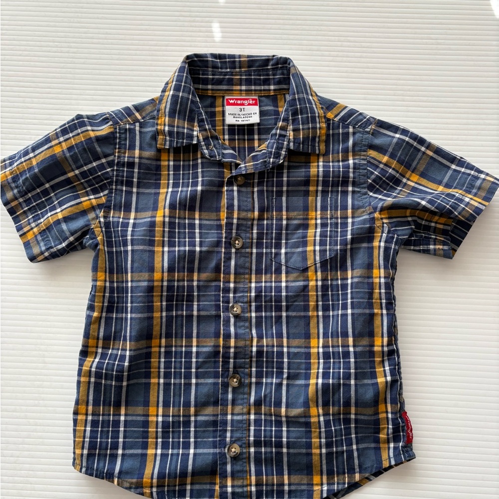 Wrangler Kids Navy and Yellow Plaid Button Down Shirt 3T BOYS